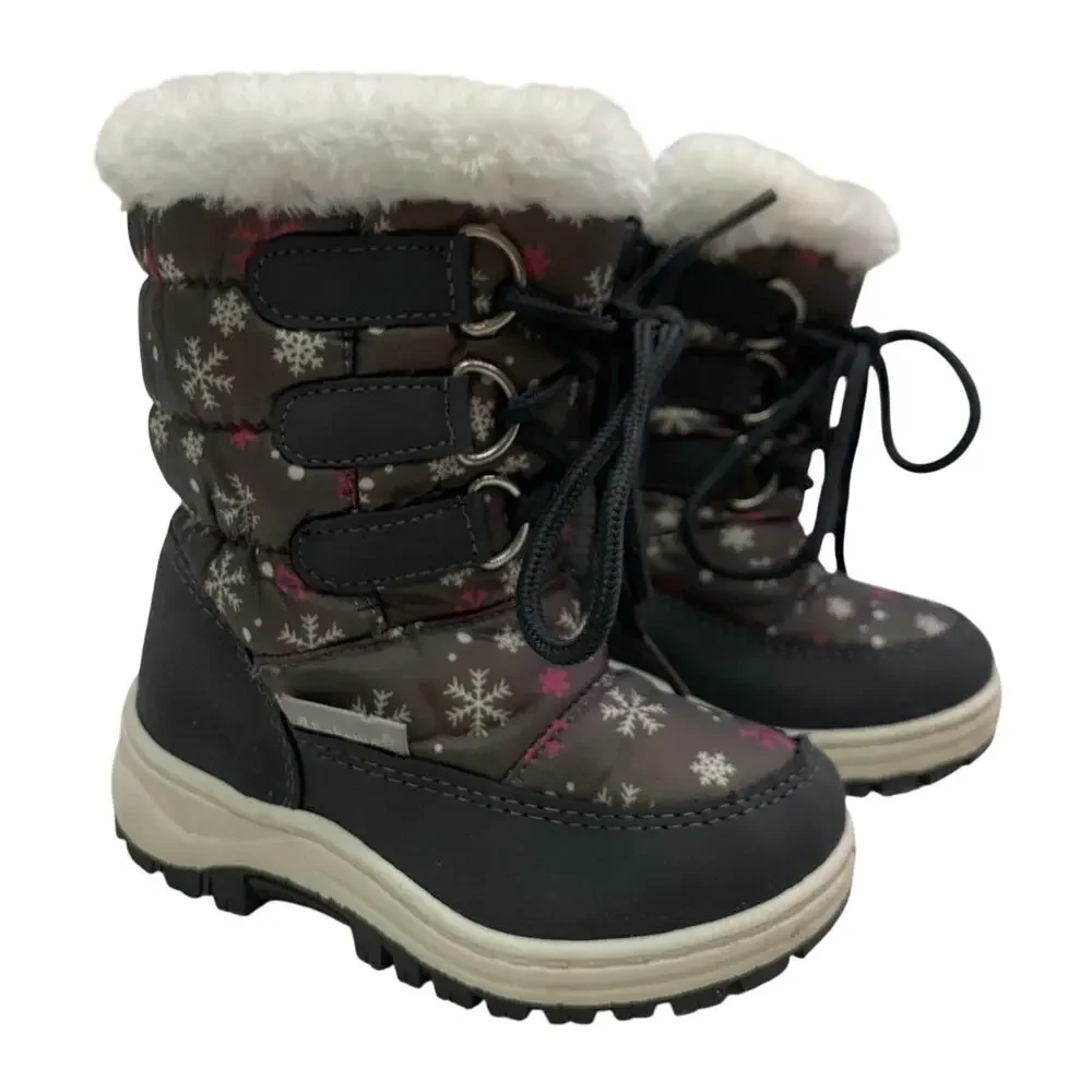 Toddler Girls Sz 8 US Snowflake Zip Up Winter Boots Gray Furry Lace Up Mid Calf